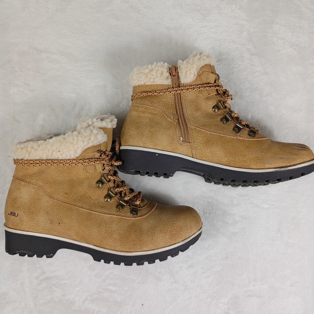 JBU Ankle Boots Womens 7M Tan  Faux Fur Trim‎ Lace Up Side Zip Hiking